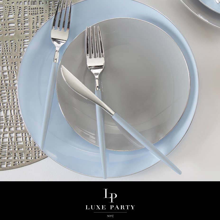 Americana Ice Blue and Silver Plastic Cutlery Set - 32 Pieces